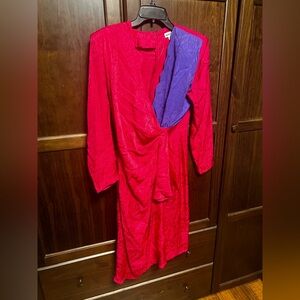 VTG Nora Noh 100% Silk Midi Dress Size 6 Pink Blue/purple V Neck Long Sleeve